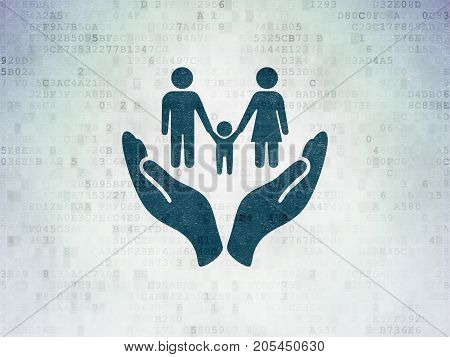 Insurance concept: Painted blue Family And Palm icon on Digital Data Paper background