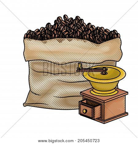 bag of coffee beans and griding with crank colored crayon silhouette vector illustration