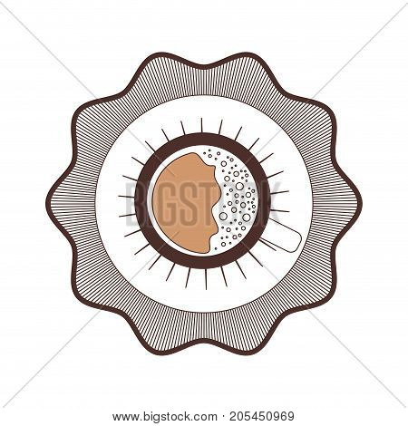 logo badge decorative of top view cup of coffee with handle silhouette color section vector illustration