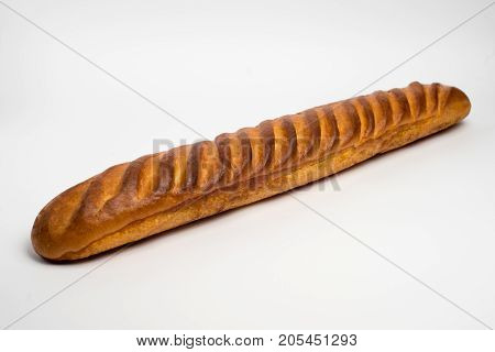 Loaf of bread baguette on white background.