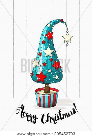 Seasonal motive, blue abstract christmas tree with red and white stars, pearls and text Merry Christmas, vector illustration, eps 10 with transparency