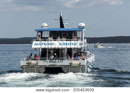 Bar Harbor Maine USA - 28 July 2017: The Bay King III catamaran of the Bar Harbor Whale Watch Company leaving the docks with passengers on a whale watching nature tour.