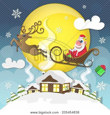 Magic silent night. Cute Santa Claus with gifts is coming down holding giant Christmas. Seasons Greetings concept.