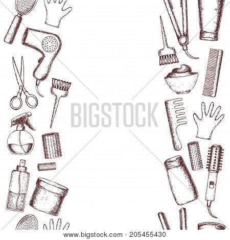 Seamless vertical borders of sketch equipments for styling and hair care. Products and tools for home remedies of hair care. Vector