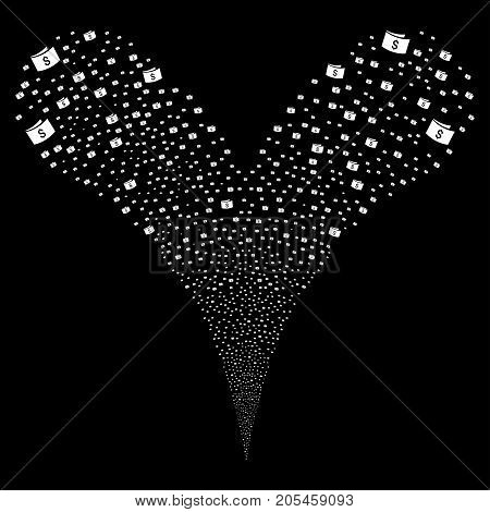 Banknotes source stream. Vector illustration style is flat white iconic banknotes symbols on a black background. Object fountain made from random design elements.