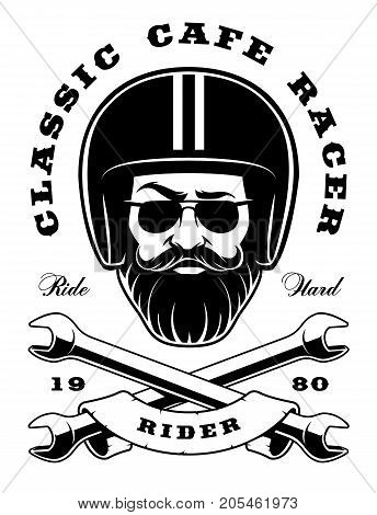 Illustration of biker-hipster with beard and crossed wrenches (version on the white background). Text is on the separate layer.