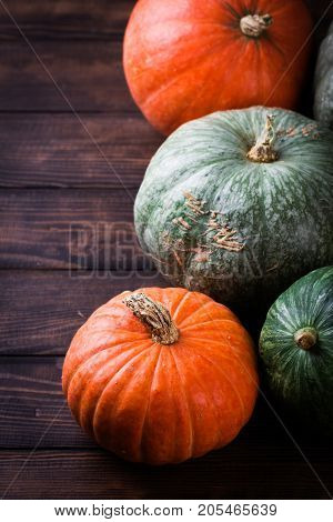 Autumn still life with pumpkins and flowers. Autumn Pumpkin Thanksgiving Background - pumpkins over wooden table