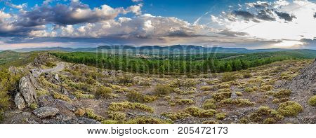 Panoramic image of snake mountain range at dusk in Zamora, Spain