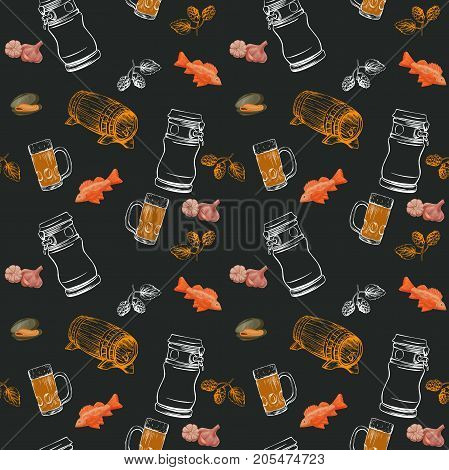 Beer seamless pattern  in sketch hand drawn style on chalkboard including bottles, glasses, growler, pint, hop, fish, shrimp, seafood, for poster or banner, menu