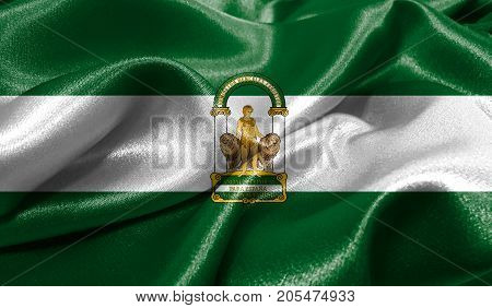 Realistic flag of Andalusia on the wavy surface of fabric. This flag can be used in design