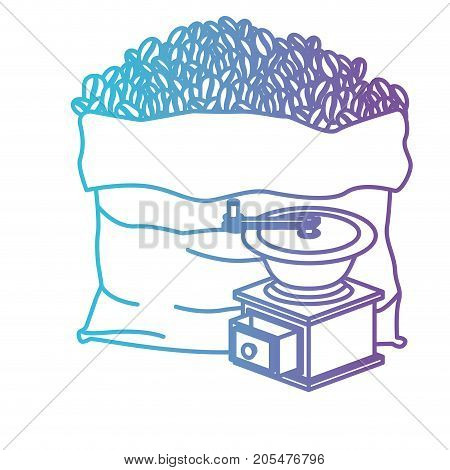bag of coffee beans and griding with crank gradient color silhouette from blue to purple vector illustration