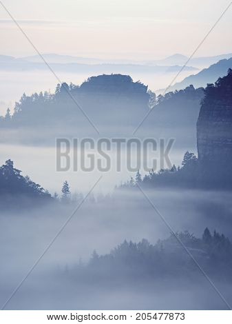 View Into Misty Valley. High Trees And Rocky Peaks Increased From Thick Fog.  The First Sun Rays
