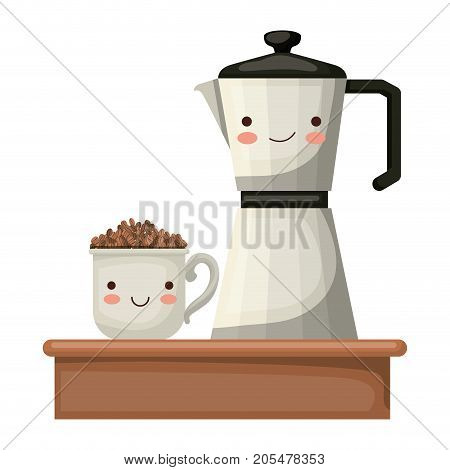 porcelain mug with pile coffee beans and metallic jar of coffee with handle colorful kawaii silhouette vector illustration
