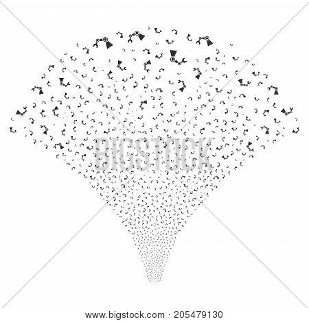 Source stream of industrial robot icons. Vector illustration style is flat gray iconic symbols on a white background. Object fountain created from scattered icons.