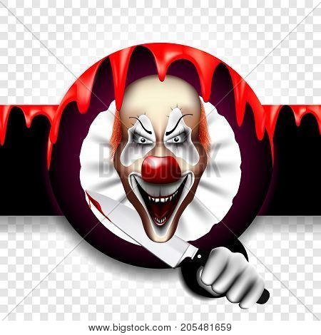 The inscription is Halloween, with a terrible evil clown. A killer with a knife in his blood. Vector illustration on a transparent background