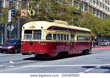 September 17, 2017 in San Francisco, CA:  Railway Street Car which is part of the local transit system taken in San Francisco, CA where people can ride these historic street cars between the Castro and Fisherman's Warf on Market Street