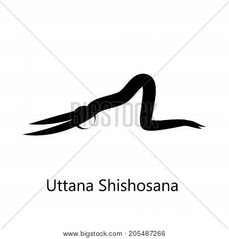 Extended Puppy Pose, Uttana Shishosana. Yoga Position. Vector Silhouette Illustration. Vector graphic design or logo element for spa center, studio, poster. Yoga retreat. Black. Isolated