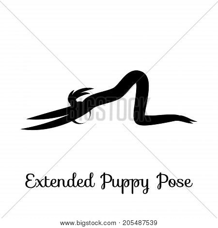 Extended Puppy Pose, Uttana Shishosana. Yoga Position. Vector Silhouette Illustration. Vector graphic design or logo element for spa center, studio, poster. Yoga retreat. Black. Isolated