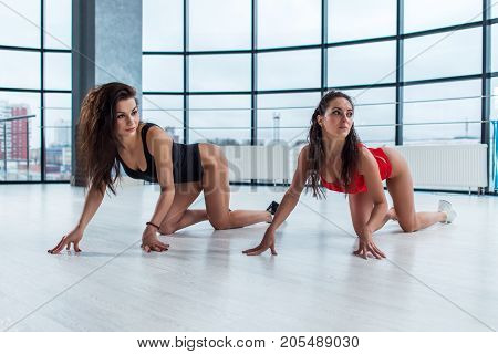 Two attractive young women wearing bodysuits doing cat stretch standing on all fours looking away from camera during photoshoot in loft apartment