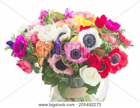 Fresh colorful Anemones flowers bouqet closeup isolated on white background