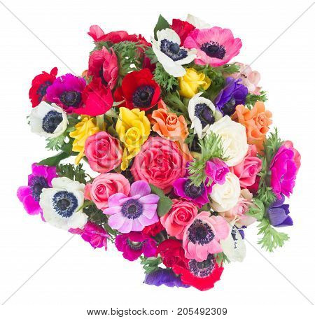 Fresh colorful Anemones flowers bouqet isolated on white background, top view