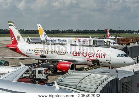 DUSSELDORF GERMANY - SEPTEMBER 03 2017: Airbus A320 Air Berlin at the airport of Dusseldorf while taxiing