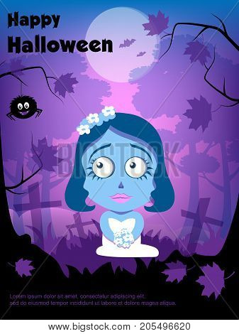 Happy Halloween vector illustration. The dead bride in the cemetery at night.