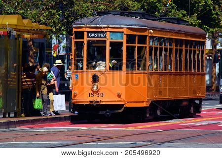 September 19, 2017 in San Francisco, CA:  Railway Street Car which is part of the transit system taken in San Francisco, CA where people can ride these historic rail cars between the Castro and Fisherman's Warf on Market Street