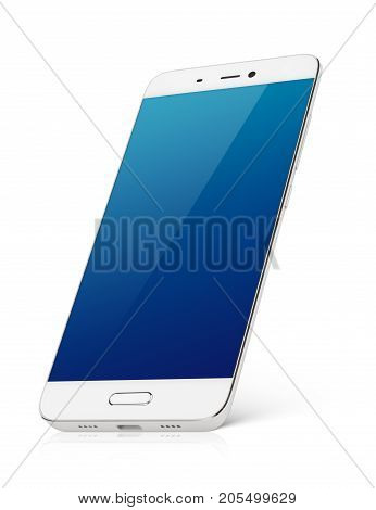 Modern white smartphone with blue emty screen stands isolated on white background. Smart phone with clipping path