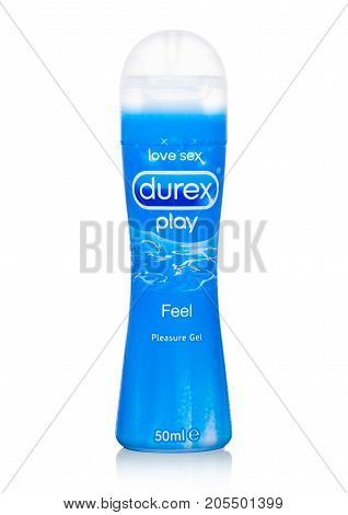 LONDONUK - SEPTEMBER 24 2017: DUREX play pleasure gel in plastic container on white background
