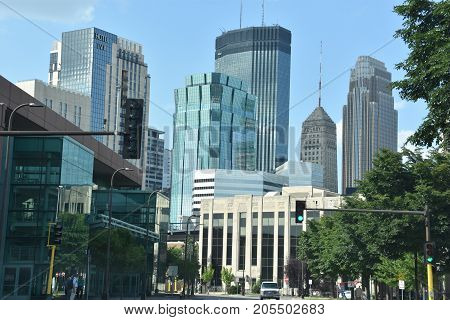 MINNESOTA, MINNEAPOLIS - JUL 27: Downtown Minneapolis in Minnesota, as seen on July 27, 2017. Minneapolis is the largest city in the state of Minnesota.