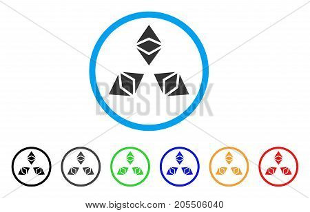 Triple Classic Ethereum rounded icon. Style is a flat triple classic ethereum grey symbol inside light blue circle with black, gray, green, blue, red, orange versions.