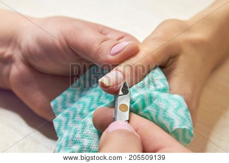Manicurist cut the cuticle to the client. Preparing nails before manicure, trimming cuticles. Skin and nails treatment. Salon beauty and spa.