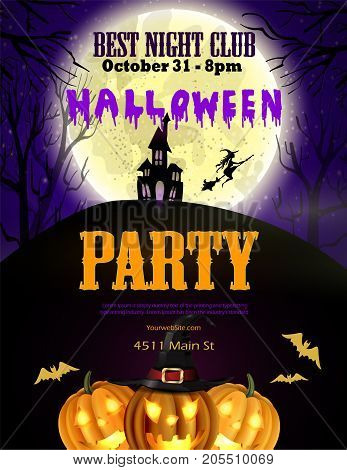 Halloween party flyer with pumpkins, hat, bats witch and house vector