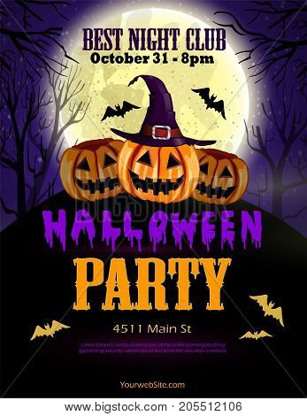 Halloween party flyer with pumpkins, hat, bats vector
