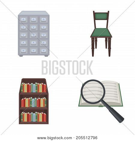 Cabinet with filing cabinet, chair, shelves, information search. Library and bookstore set collection icons in cartoon style vector symbol stock illustration .