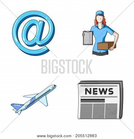 Email symbol, courier with parcel, postal airplane, pack of newspapers.Mail and postman set collection icons in cartoon style vector symbol stock illustration .