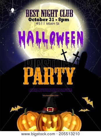 Halloween party flyer with pumpkins, hat, bats witch and cemetery vector
