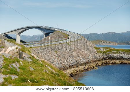 storseisundet bridge on Atlantic road in Norway. Summer season. copy space.