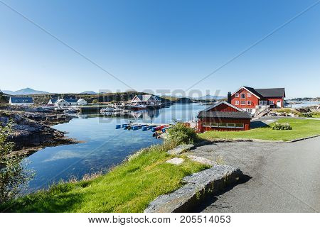 beautiful view on norwegian fjord with houses along coastline. outdoor shot in Norway. copy space.
