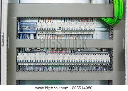 Wiring PLC Control panel with wires in cabinet for machine industrial factory