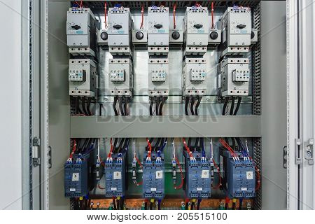 Wiring PLC Control panel with wires in cabinet for machine industrial factory
