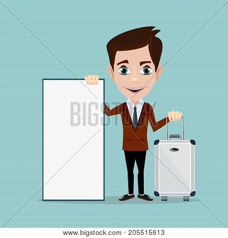 Man with bag and poster over background. Stock flat vector illustration.