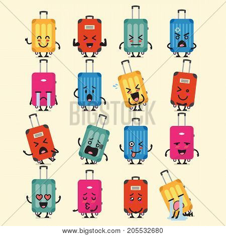 Travel luggage character emoji set. Funny cartoon emoticons