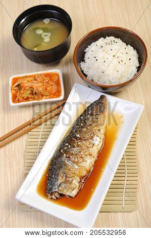 set of japanese food - fish grilled  and rice