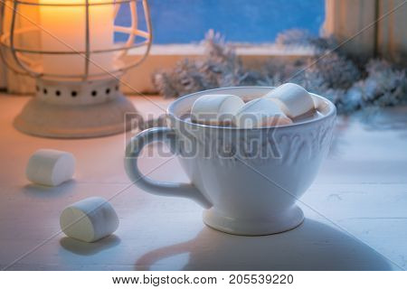 Enjoy Your Homemade Christmas Chocolate With Marshmallows And Candle