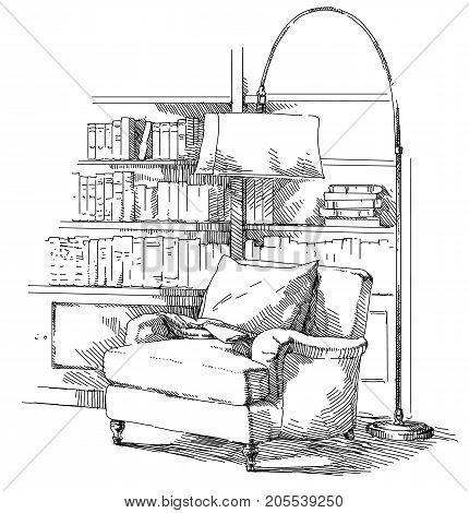 Contemporary modern interior hand drawing vector illustration.