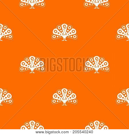 Peacock with flowing tail pattern repeat seamless in orange color for any design. Vector geometric illustration