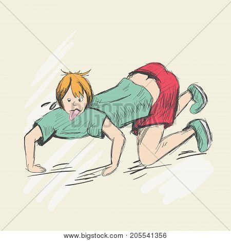 The sweaty man crawls on all fours with his tongue hanging out. The tired boy descends on all fours down the slope. A teenager is wearing a T-shirt and shorts, blonde hair. Sketch style