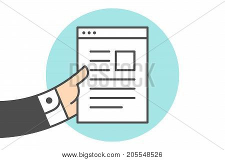 Icon of file letter in the businessman hand. White file letter with text in line graphic. Hand of busnessman holds the file icon. Icon of letter isolated on a blue circle. Vector Illustration
